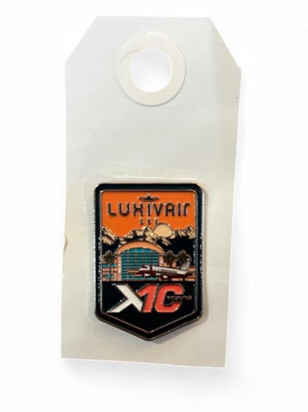 Vintage LUXIVAIR X1C Enamel Pin - Orange and Black Travel Badge
